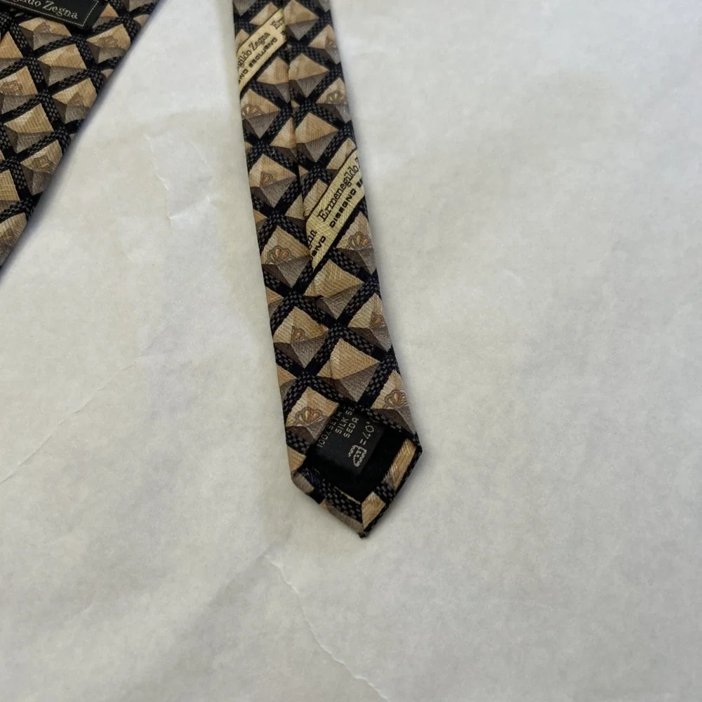 Ermenegildo Zegna Geometric Silk Tie‎ Yellow Black Disegno Esclusivo EUC
